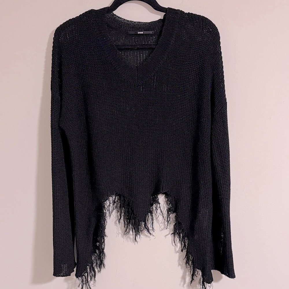 DIGS NYC shredded v neck cropped sweater black semi sheer knit NWT fall